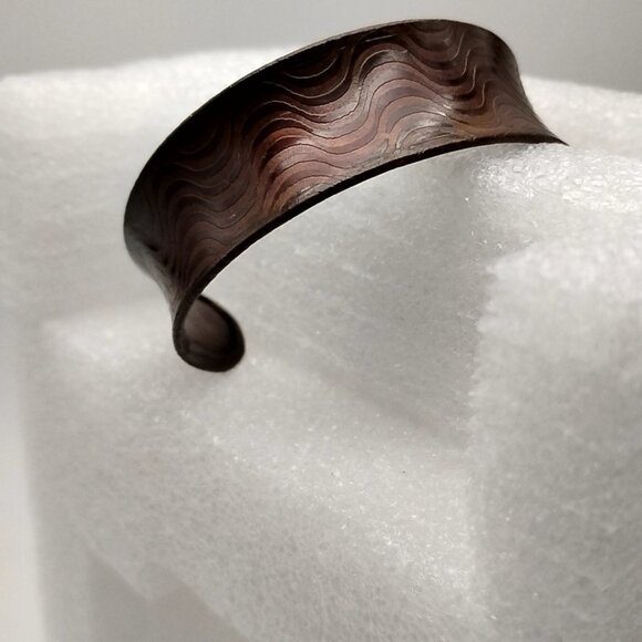 Textured Copper Etched Wave Design Wide Cuff Bracelet - Picture 2 of 11
